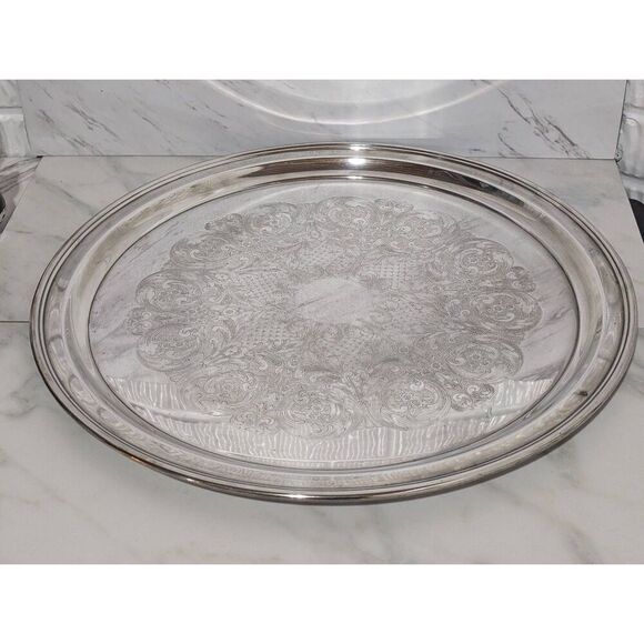 Pilgrim Silver Plate Filigree Pattern Round Serving Tray 19.5" in Diameter - Picture 1 of 7
